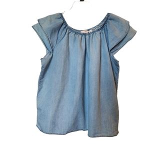 RIVER & ROSE chambray ruffled cap sleeve top, size 1X. On/off shoulder.